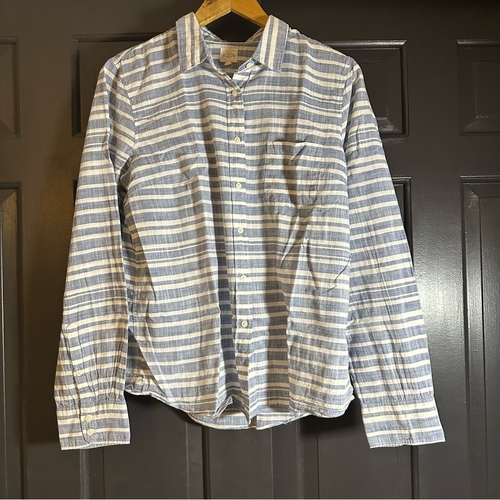 J.CREW Women Button Down Collared Blue & White Striped Casual Shirt Size L